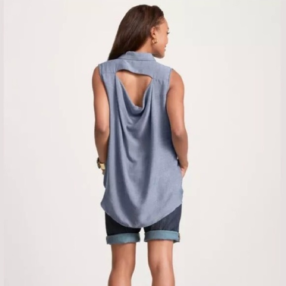 CAbi Blue Chambray High-Low Tank with Cutout Back - Picture 7 of 7